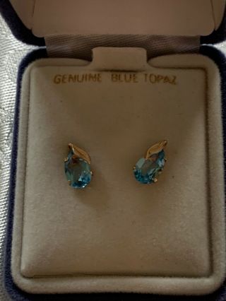 Vintage Solid 10k Yellow Gold Pear - Cut Swiss Blue Topaz Post Earrings