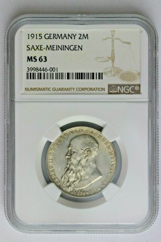 Ngc,  Germany,  Empire,  Saxe - Meiningen,  2 Mark,  1915,  Ms63,  Ultra Rare