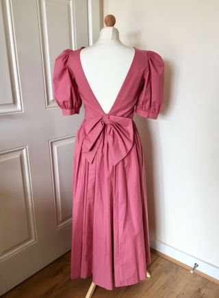 Vintage Laura Ashley Uk 12 Pink Bow Low Back Dress Fit Flare Tea Party Wedding