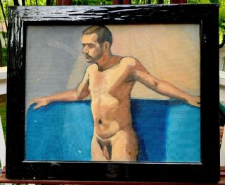 Vintage Modern Impressionist Framed Oil Portrait - Male Nude Study Gay Interest