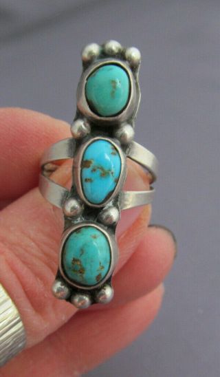 Vintage Old Pawn Sterling Long 3 Mixed Stacked Bisbee Turquoise Ring Size 6