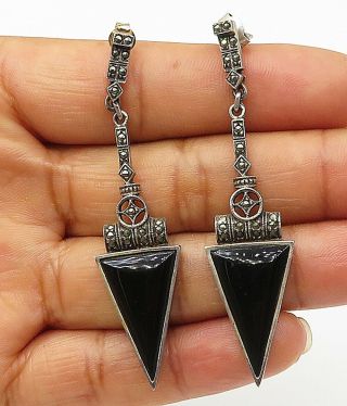 925 Silver - Vintage Black Onyx & Marcasite Triangle Dangle Earrings - E5196