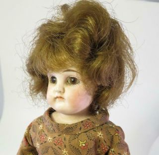 Small Antique German Bisque Doll 12 Inch Auburn Hair Glass Eyes Kid Body