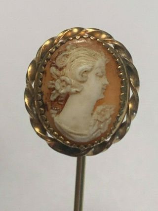 Antique Vintage Stick Pin Stickpin Gold Cameo Woman Framed Oval 299