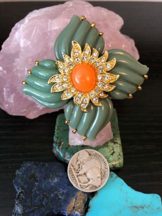 Joan Rivers Green Orange Flower Rhinestone Brooch Pin 50 G