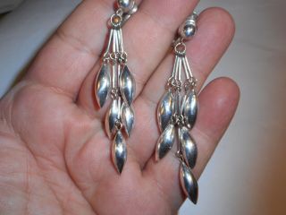 Vintage Long Hanging Sterling Silver Mexico Screw Back 2.  5 " Earrings