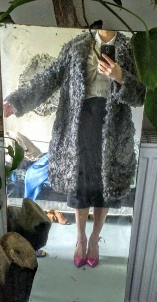 Antartex Heavy Vintage Scottish Lambskin Fur Coat Grey Silver Mongolian Size M