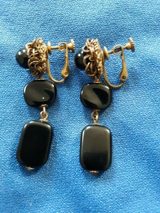 Vintage Miriam Haskell Hand Wired Black Glass & Brass Clip On Dangle Earrings