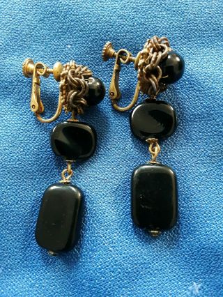 Vintage Miriam Haskell Hand wired Black Glass & Brass Clip on Dangle Earrings 3