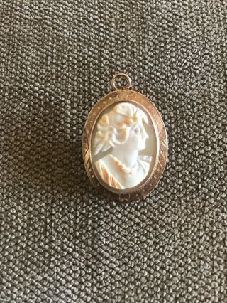 Vintage 10k Yellow Gold Carved Cameo Maiden Shell Pin Brooch Pendant -