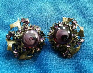 Vintage Miriam Haskell Hand Wired Purple & Brass Cluster Clip On Earrings