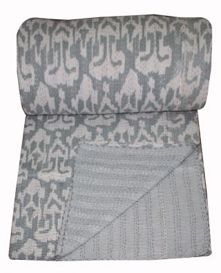 Ikat Print Kantha Quilt Reversible Cotton Bedspread Vintage Gudri Blanket