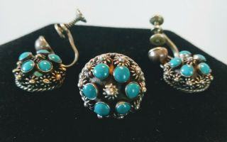 Vintage Alpaca 925 Ccv Sterling Silver Bisbee Turquoise Ring And Earrings Set