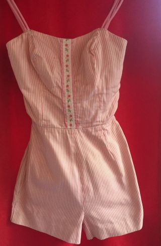 Vtg 40s Pinup Candy - Stripe Metal Zippered Swimsuit 12