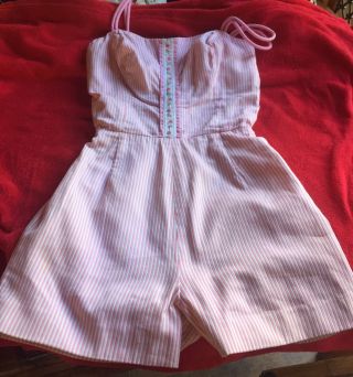 Vtg 40s Pinup Candy - stripe Metal Zippered Swimsuit 12 7