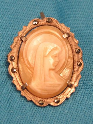 Vintage Madonna Virgin Mary Shell Cameo 800 Silver Marcasite Pendant Pin Brooch
