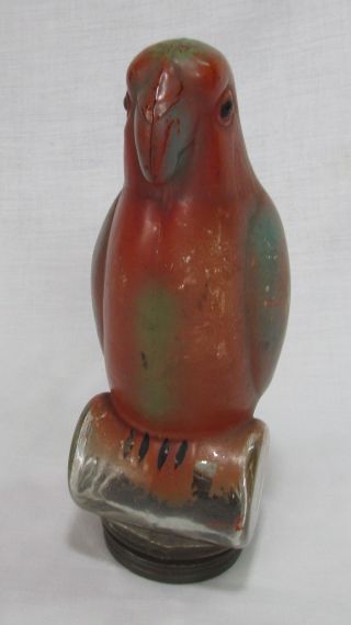 Old Rare Painted Glass Candy Container,  Figural Parrot,  Tin Cap,  Very Good