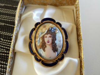 Limoges Thomas L.  Mott Enamel Porcelain Miniature Portrait Brooch Pin Boxed