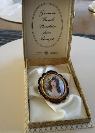 LIMOGES THOMAS L.  MOTT ENAMEL PORCELAIN MINIATURE PORTRAIT BROOCH PIN BOXED 5