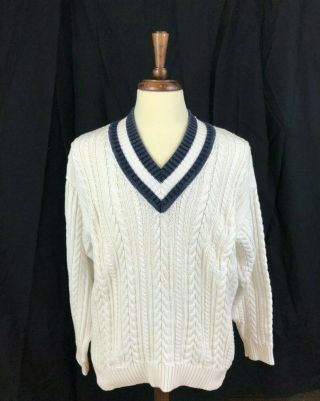 Vintage Gucci Heavy Cable Knit Sweater V Neck White Blue Italy Large Cotton 80s