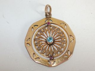 Gorgeous Antique Fancy Design Rolled Gold,  Aqua & Ruby Pendant