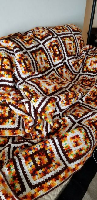 Vtg Retro 70s Orange Brown Hand Crocheted Granny Square Afghan Blanket 82 X 62