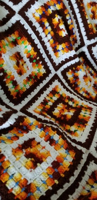 Vtg Retro 70s Orange Brown Hand Crocheted Granny Square Afghan Blanket 82 X 62 2