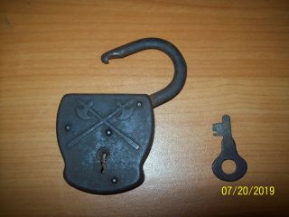 Vintage Old Padlock With Key Marked With Double Ax Stamp Emblem