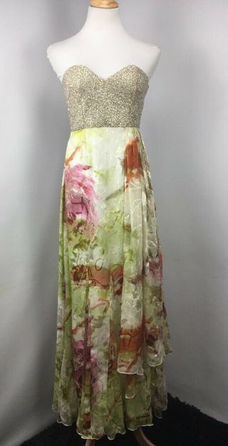 Vtg 60s 70s Beaded Chiffon Floral Sequin Strapless Gown Dress Evening Sz Small