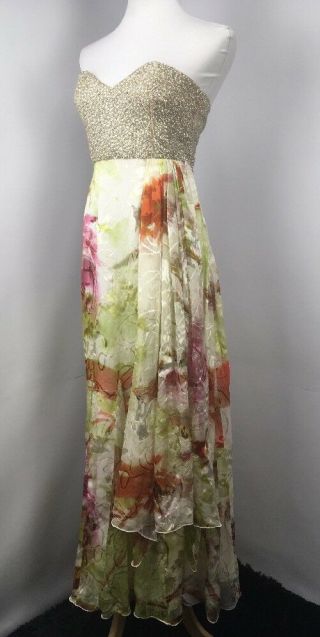 VTG 60s 70s Beaded Chiffon Floral Sequin Strapless Gown Dress Evening Sz Small 2