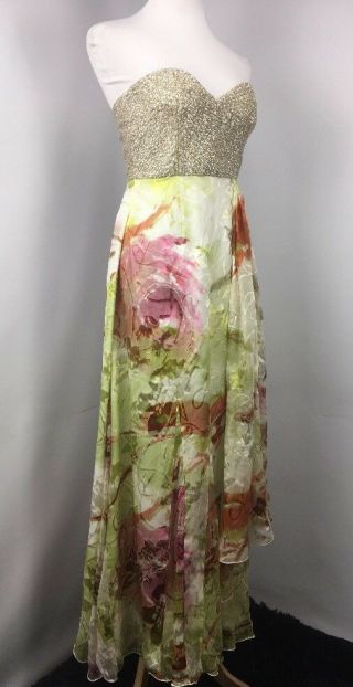 VTG 60s 70s Beaded Chiffon Floral Sequin Strapless Gown Dress Evening Sz Small 3