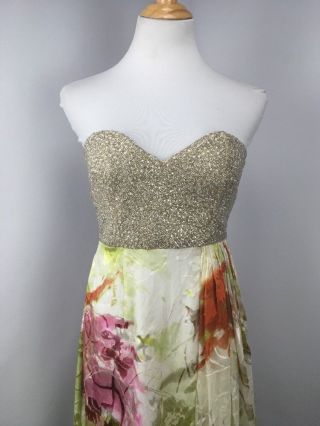 VTG 60s 70s Beaded Chiffon Floral Sequin Strapless Gown Dress Evening Sz Small 4