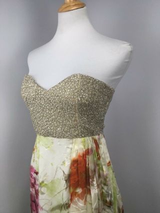 VTG 60s 70s Beaded Chiffon Floral Sequin Strapless Gown Dress Evening Sz Small 5