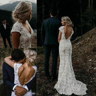 Boho Lace Wedding Dresses Vintage V Neck Low Back Country Beach Bridal Gowns