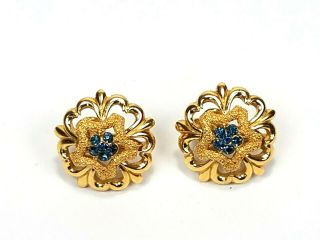 Vintage Crown Trifari Earrings Gold Plated Textured Smooth Blue Rhinestones