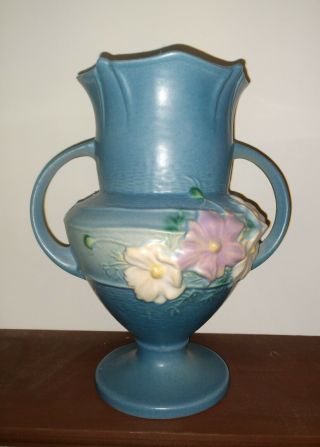 Vintage Roseville Art Pottery Cosmos Blue Handled Vase 135 - 8