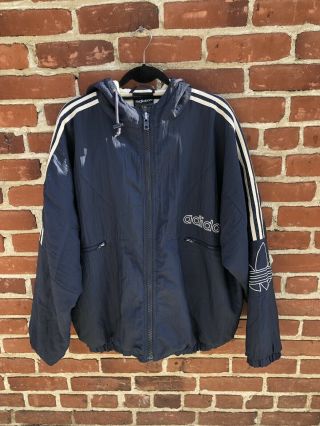 Vintage Adidas Blue White Puffer Trefoil Jacket Heavy Spellout 3 Striped Mens Xl