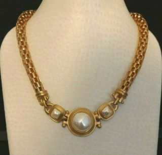 Anne Klein Lion Tag Chunky Gold Chain Faux Pearls Necklace Choker 17 " - 18 " Nwt