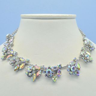 Vintage Necklace 1950s Aurora Borealis Crystal Flowers Silvertone Jewellery
