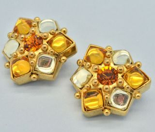Vintage Earrings Une Ligne Paris 1970s Amber Crystal & Glass Goldtone Jewellery