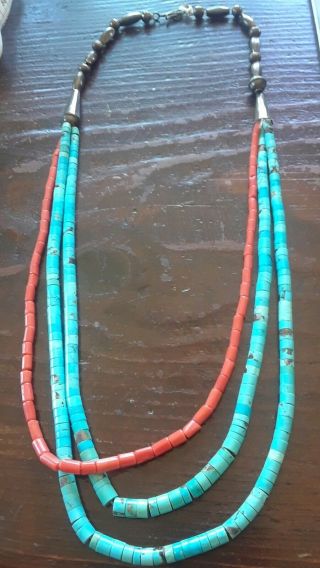Vintage Native American Turquoise Heishi & Sterling Bench Bead & Coral Necklace