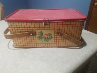 Vintage 1930s Golden Cookies Painted Picnic Basket Farmhouse Tin Oak Handles 3