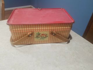 Vintage 1930s Golden Cookies Painted Picnic Basket Farmhouse Tin Oak Handles 7