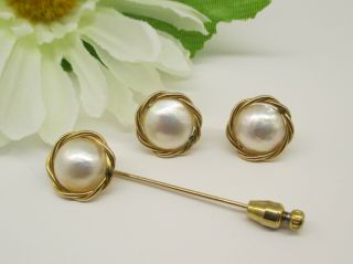 Vintage 14k Gold & Mabe Pearl Earrings & Matching Stick Pin Estate Jewelry