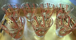 Set Of 6: Rare Vintage Fred Press Midcentury Low Ball Glass Atomic Pink Gold