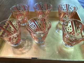 Set Of 6: Rare Vintage Fred Press MidCentury Low Ball Glass Atomic Pink Gold 3