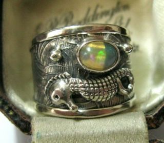 Vintage Style Solid Sterling Silver Real Opal Seahorse Jewellery Ring Size P 7.  5