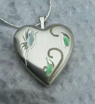Vintage Sterling Silver Heart Locket Necklace With Enameled Bluebird And Leaves