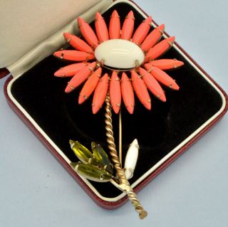 Vintage Flower Brooch Unsigned Schreiner 1950s Coral Orange Goldtone Jewellery