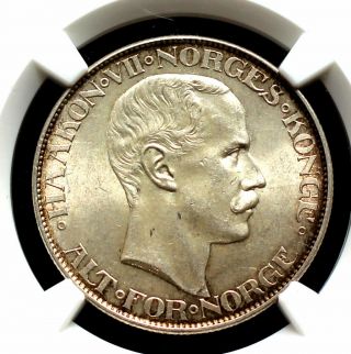Top Pop 1908 Norway 2 Kroner Ngc Ms63 Silver Coin Unc Toning Rare